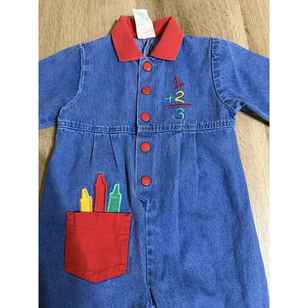 Vintage 90s Healthtex Crayons Math Romper Long Sleeve Red Yellow Blue Denim 24m
